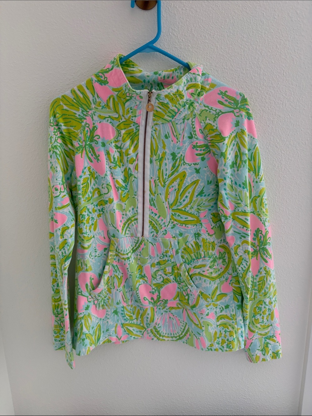 Lilly Pulitzer Pastel Blue Floral Zip Pullover with Pink & Green Accents